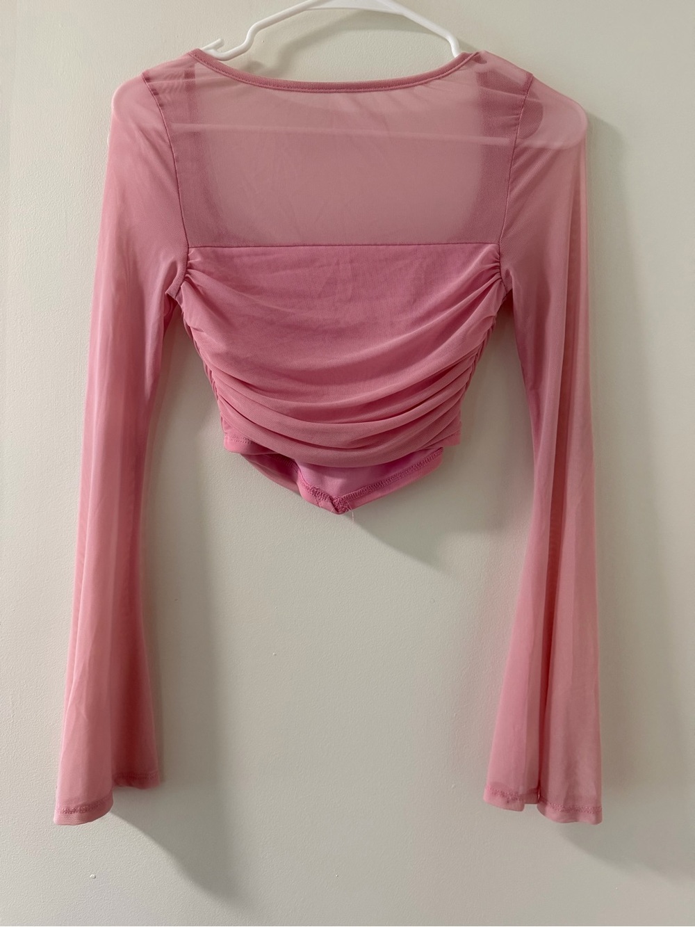 SHEIN Ruched Mesh Crop Top Womens XS Pink Excellent Long Sleeve Sheer Yoke